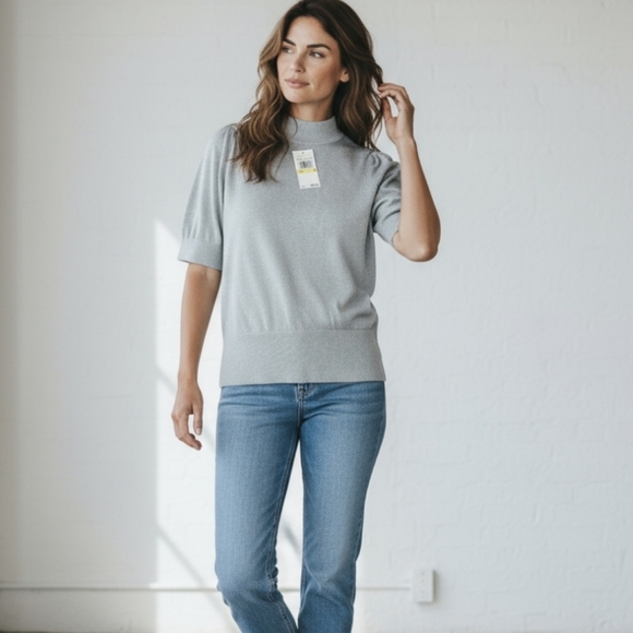 Michael Kors Lurex Silver Mock Neck Short Sleeve Sweater NWT Sz M - Picture 1 of 7